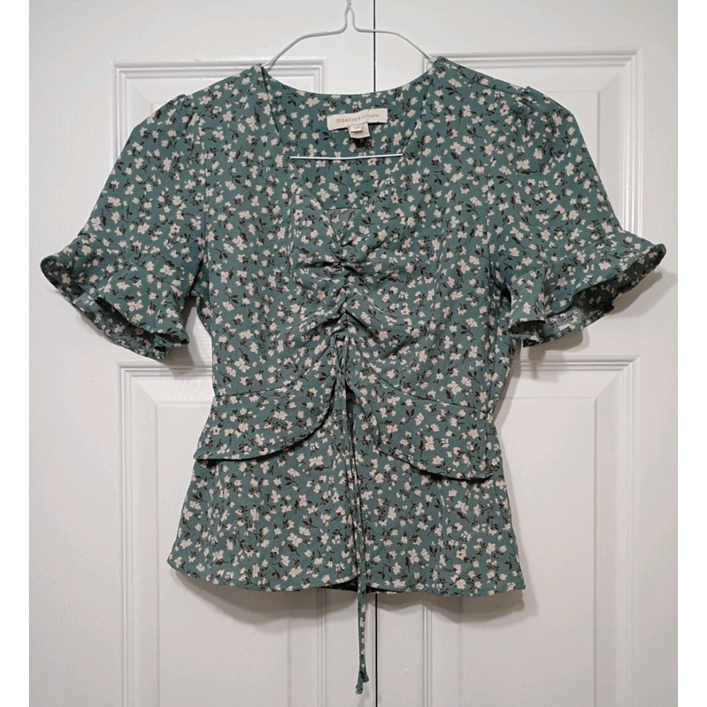 Monteau Los Angeles Women’s Sage/Teal Micro Floral Blouse – Size XS – NWOT